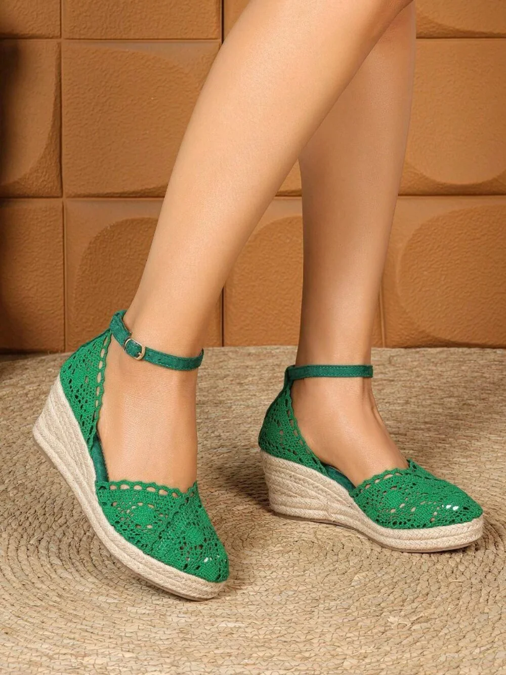 Green Bohemian Women's Lace Platform Ankle Strap Wedge Heels